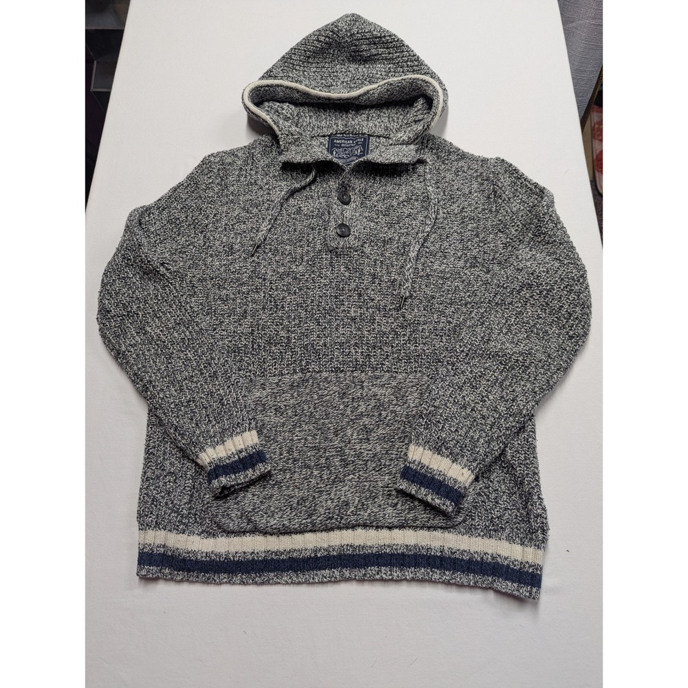 American Eagle Mens M Gray Marled Henley Hoodie Sweater Striped Trim Chunky Knit